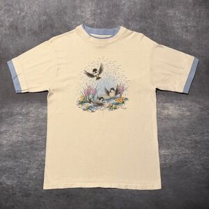 Vintage Morning Sun Birds Ringer T Shirt Womens Medium Cream Blue Made in USA